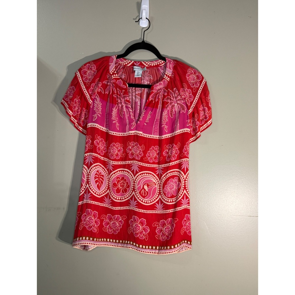 Sunday and Sage Red Pink Tropical Floral Palm Tree Blouse Short Sleeve Top XL